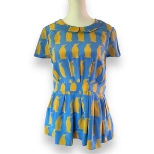 Charlotte By Charlotte Taylor Blue & Yellow Penguin Print Silk Blouse | Size 4